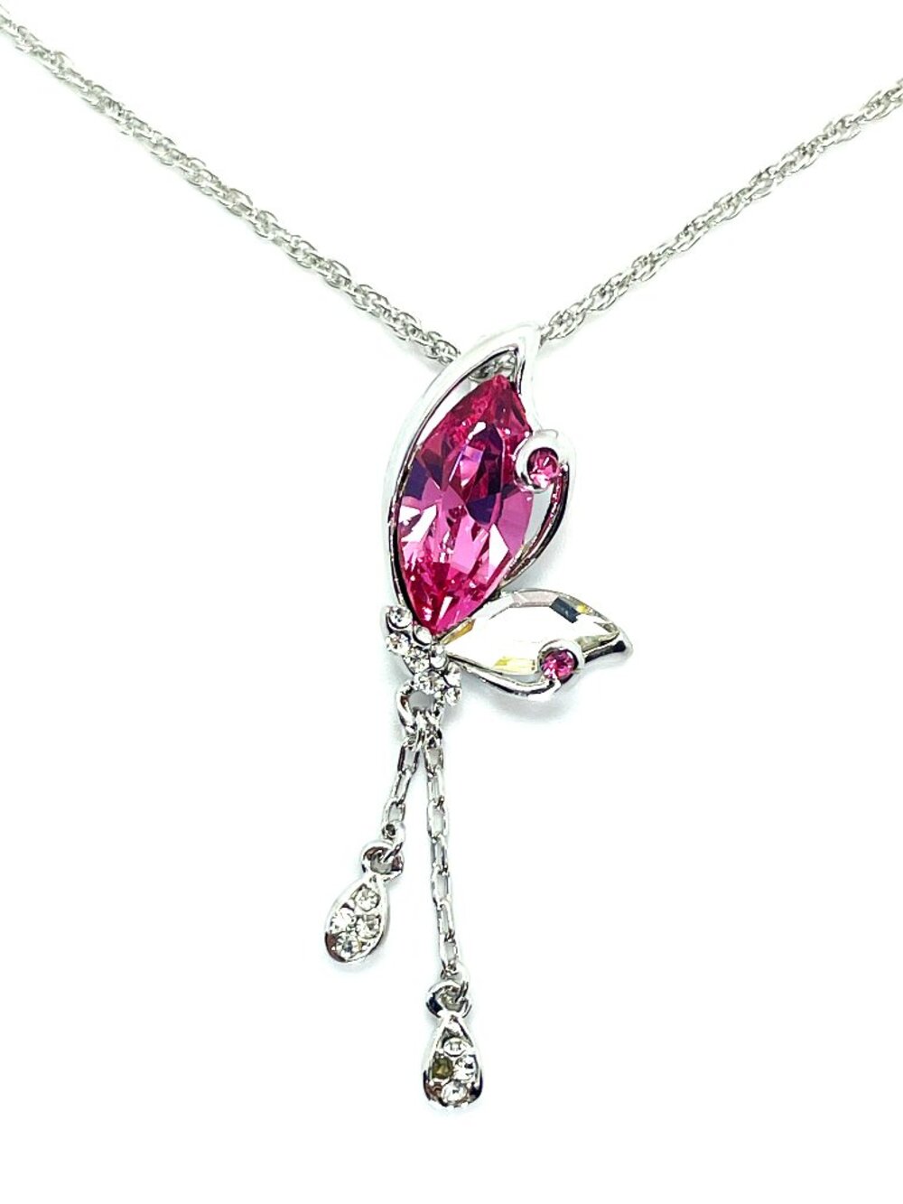 Y2k Butterfly Pendant Necklace with Rose and Diamond Austrian Crystals, 17"